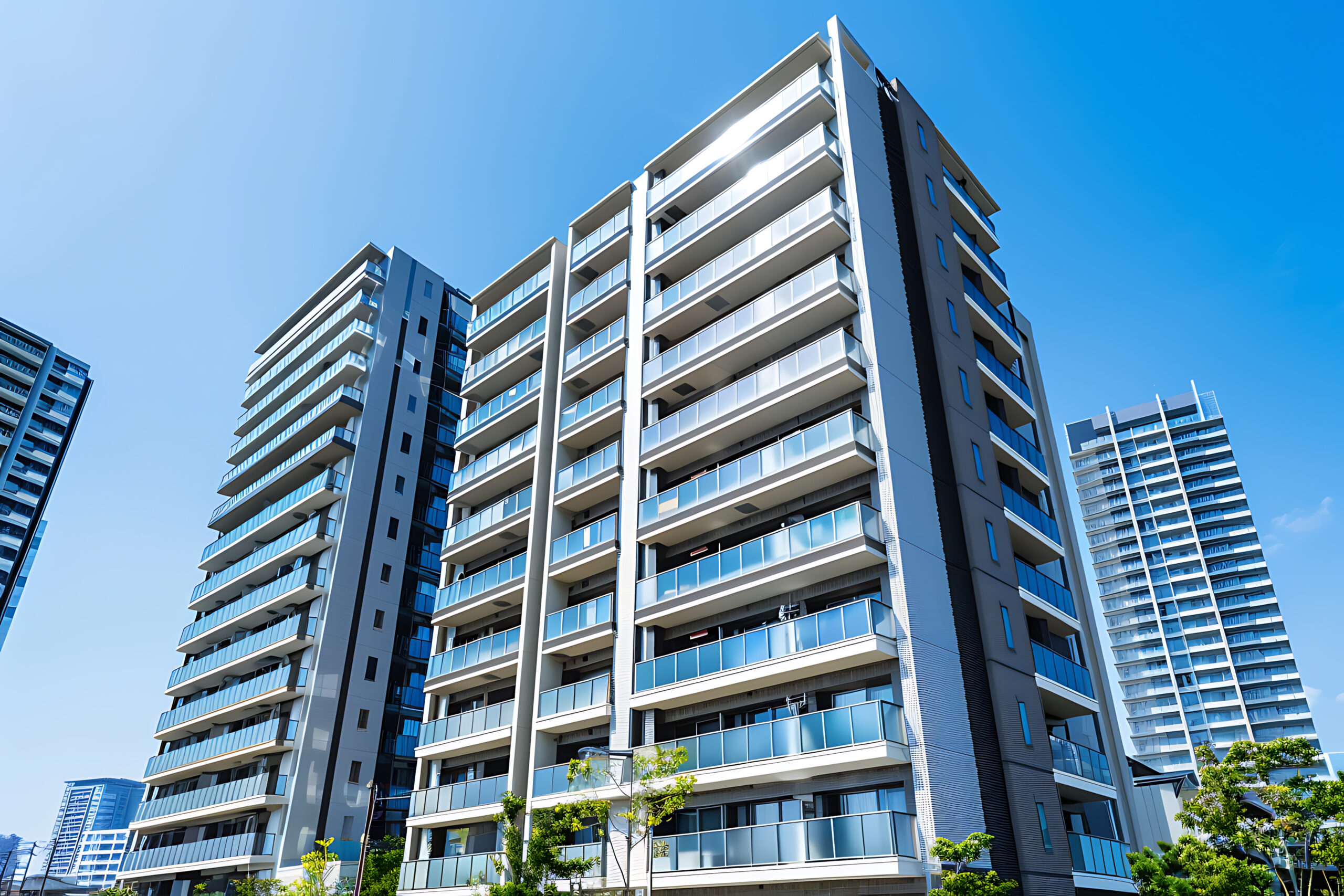 青空の下に建つ鉄筋コンクリート造の分譲・賃貸マンションの外観