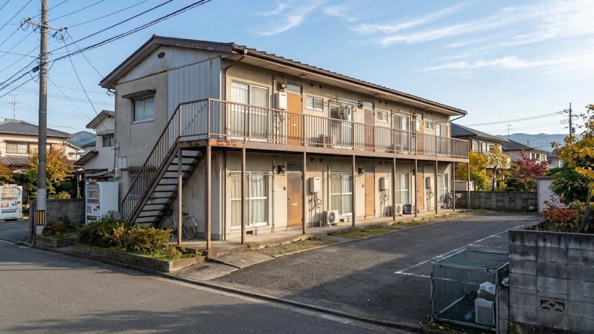 秋の朝の2階建て賃貸アパートの外観（生成イメージ）