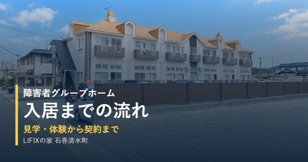 障害者グループホーム入居までの流れ｜LIFIXの家 石巻清水町の外観とタイトル