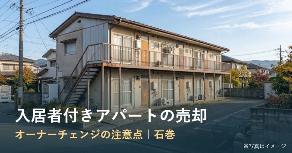 入居者付きアパートの売却を伝えるアイキャッチ（アパート外観のイメージ）