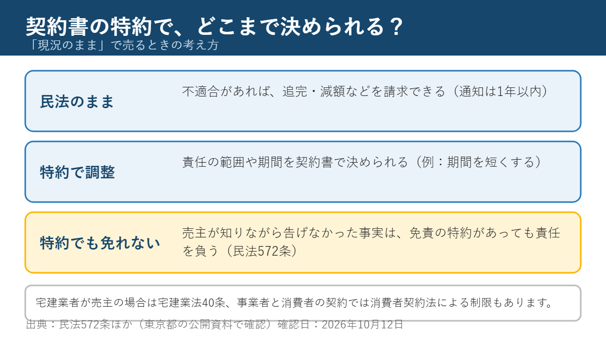 現況のまま売るときの特約の考え方（民法のまま・特約で調整・免責できない場合）の図解